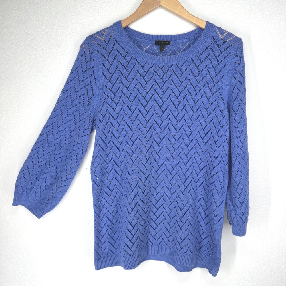 Talbots Womens Linen Pointelle Chevron Knit Sweater Large Open Knit Oversized